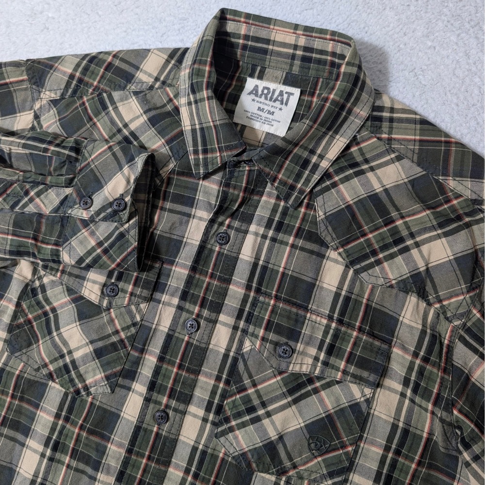 Ariat Button Down Mens Med Green Plaid Retro Fit Western L/S Shirt
